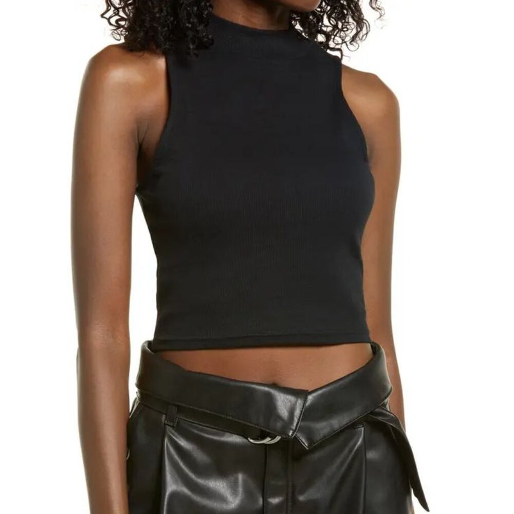 Open Edit Black Mock Neck Sleeveless Knit Top NWT